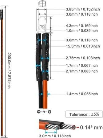 110V 3mm Water Clear Orange LED Indicator Light With 20cm Cable - 3