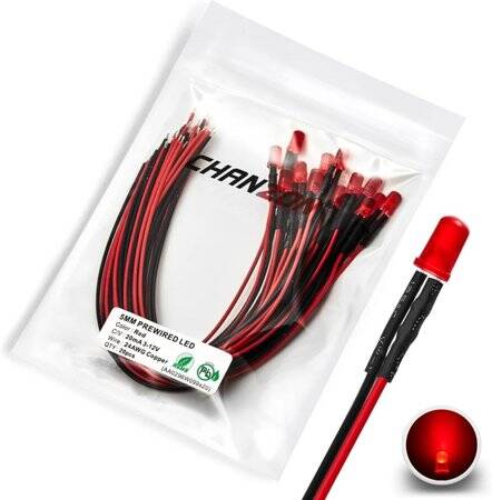 12-18V 5mm Water Clear Red LED Indicator Light With 20cm Cable - 1