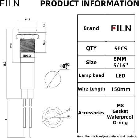 12-18V 8mm Blue LED Indicator Light With 20cm Cable - 2