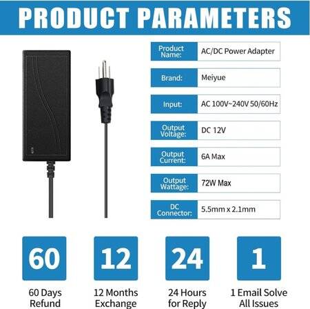 12V 6A 72W US Plug Dual-Wire Integrated Power Adapter - 2