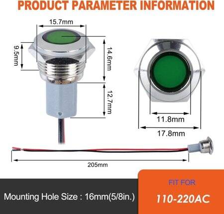 22-28V 8mm Green LED Indicator Light With 20cm Cable - 2