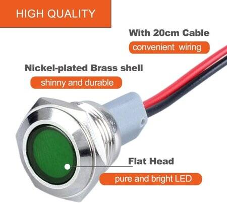 22-28V 8mm Green LED Indicator Light With 20cm Cable - 3