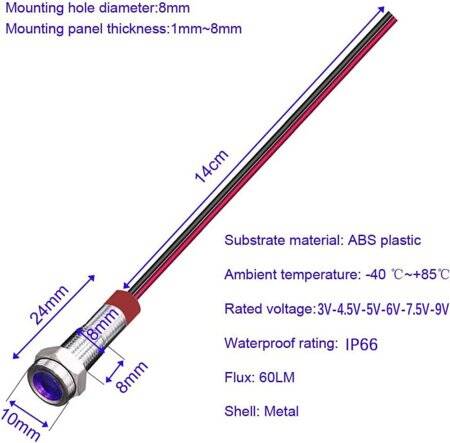 3V 8mm Water Clear Red LED Indicator Light With 20cm Cable - 4