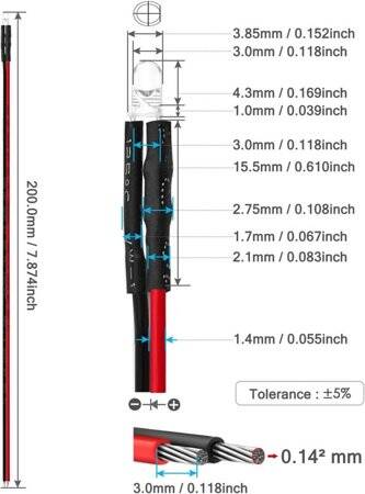 48-72V 3mm Water Clear Red LED Indicator Light With 20cm Cable - 3