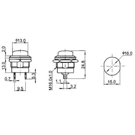 Black R13-507 16mm 2 PIN Momentary Self-Reset Round Cap Push Button Switch - 4