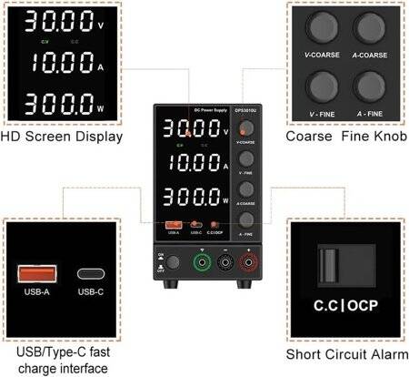 Black WPS3010H 30V 10A DC Adjustable RegulaTor Power Supply With Cable 220V EU Plug - 3