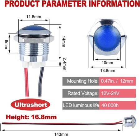 Blue 10-24V 14mm LED Metal Indicator Light With 15cm Cable - 2