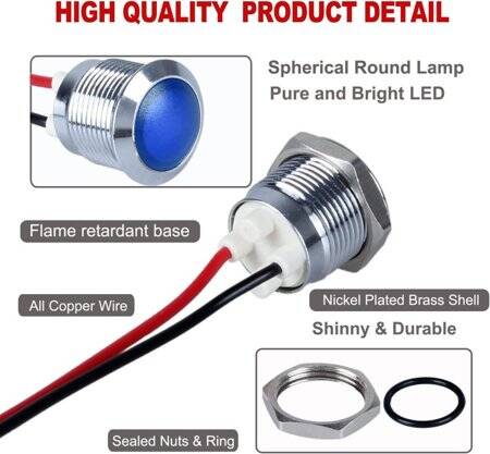 Blue 10-24V 14mm LED Metal Indicator Light With 15cm Cable - 3