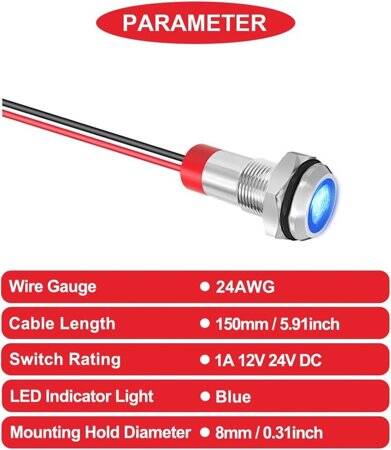 Blue 10-24V 8mm LED Metal Indicator Light - 2