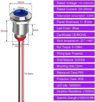 Blue 220V 12mm LED Metal Indicator Light With 15cm Cable - 5