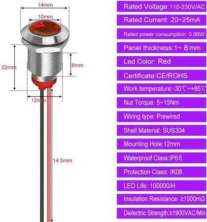 Blue 220V AD22C-12 LED Metal Indicator Light - 5