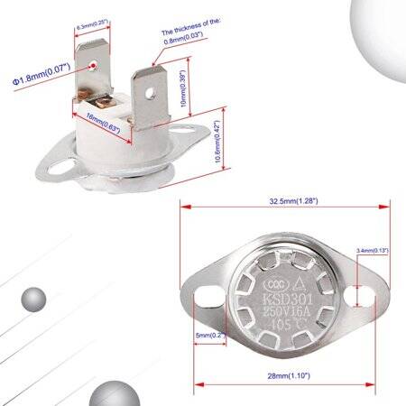 Ceramics KSD301 105 Degree Normally Closed NC Temperature Controlled Switch Thermostat 250V 16A Temperature Control - 2