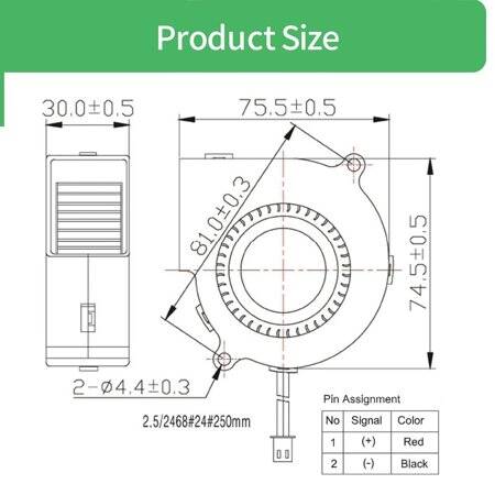 DC12V 0.0-33A 7530 Double Ball Centrifugal Fan With XH2-54-2P 30cm Cable Size:75x75x30mm - 4