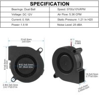 DC12V 0.06A 5015 Double Ball Centrifugal Fan With XH2-54-2P 30cm Cable Size:50x50x15mm - 2