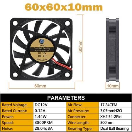 DC12V 6010 Double Ball Cooling Fan With XH2-54-2P 30cm Cable Size:60x60x10mm - 2