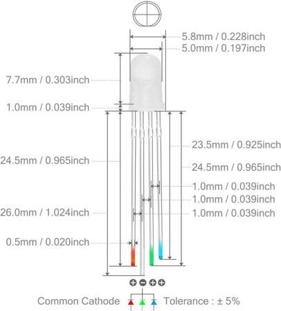 Diffused 28mm Leg 5mm 4PIN LED RGB CC Use 3V 20mA - 2