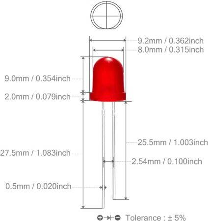 Diffused 28mm Leg 8mm LED Red Use 2V 20mA - 3