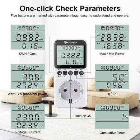 Digital LCD Power Meter Socket Power Analyzer EU Plug 230V 16A 3680W With Battery - 3