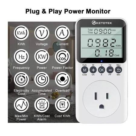 Digital LCD Power Meter Socket Power Analyzer US Plug 120V 15A 1800W With Battery - 2