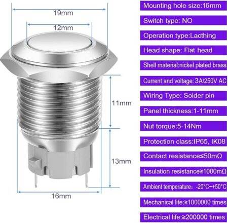 Flat Head 16mm 110-220V Waterproof Self-Locking Metal Push Button Switch With Green Led Light And Switch Socket Button Connector - 3