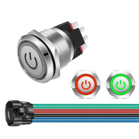 Flat Head 16mm 12-24V Waterproof Self-Locking Metal Push Button Switch With Green Led Light And Switch Socket Button Connector - 1