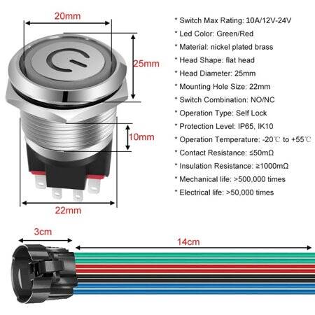 Flat Head 16mm 12-24V Waterproof Self-Locking Metal Push Button Switch With Green Led Light And Switch Socket Button Connector - 5