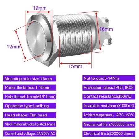 Flat Head 16mm 3-6V 5A Waterproof Self-Locking Metal Push Button Switch With Red Led Light - 4