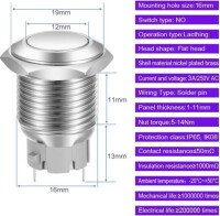 Flat Head 16mm 3-6V 5A Waterproof Self-Locking Metal Push Button Switch With White Led Light - 3