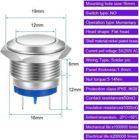 Flat Head 16mm 3-6V Waterproof Momentary Self-Reset Metal Push Button Switch With White Led Light And Switch Socket Button Connector - 3