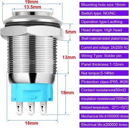 Flat Head 16mm 3-6V Waterproof Self-Locking Metal Push Button Switch With Green Led Light And Switch Socket Button Connector - 2