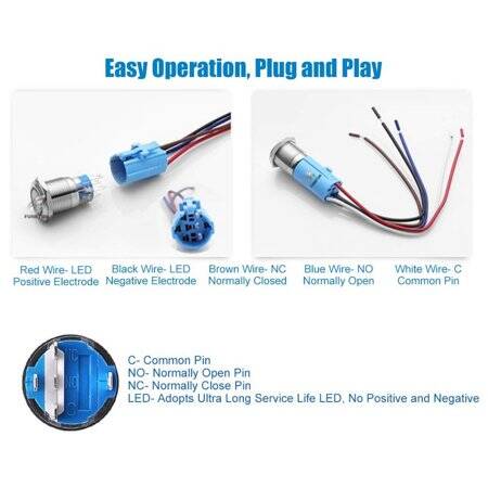 Flat Head 19mm 12-24V Waterproof Self-Locking Metal Push Button Switch With Blue Led Light - 5