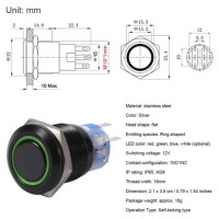 Flat Head 19mm 12-24V Waterproof Self-Locking Metal Push Button Switch With Green Led Light And Switch Socket Button Connector - 5