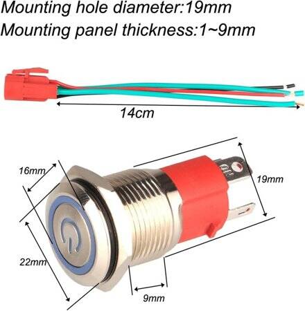 Flat Head 19mm 12-24V Waterproof Self-Locking Metal Push Button Switch With Green Led Light - 3