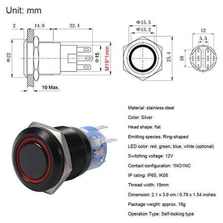 Flat Head 19mm 12-24V Waterproof Self-Locking Metal Push Button Switch With Red Led Light And Switch Socket Button Connector - 2