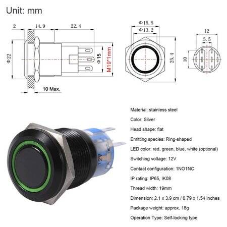 Flat Head 19mm 12-24V Waterproof Self-Locking Metal Push Button Switch With White Led Light And Switch Socket Button Connector - 5