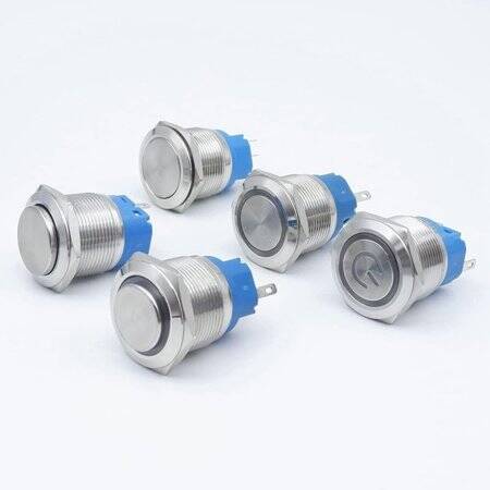 Flat Head 22mm 110-220V Waterproof Momentary Self-Resert Metal Push Button Switch With Blue Led Light And Switch Socket Button Connector - 2