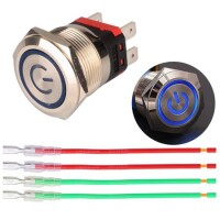 Flat Head 22mm 12-24V Waterproof Self-Locking Metal Push Button Switch With Blue Led Light - 1