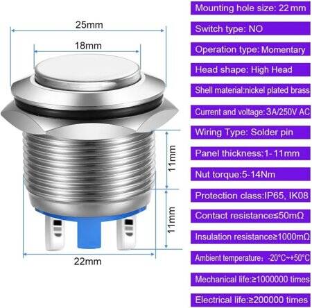 Flat Head 22mm 3-6V Waterproof Momentary Self-Reset Metal Push Button Switch With Blue Led Light - 3