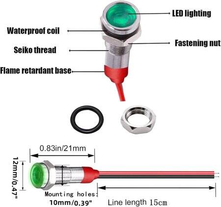 Green 10-24V 12mm LED Metal Indicator Light - 5