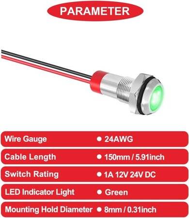 Green 10-24V 8mm LED Metal Indicator Light - 2