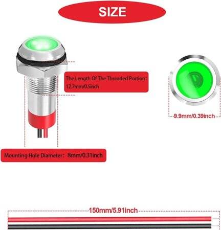 Green 10-24V 8mm LED Metal Indicator Light - 4