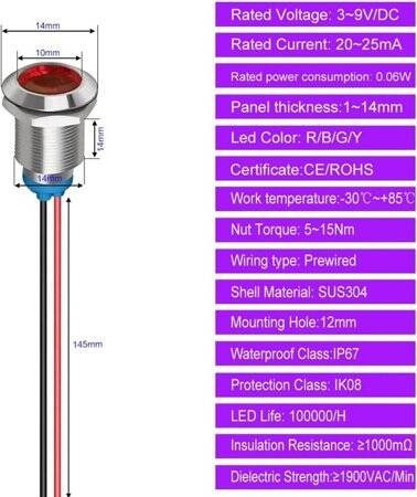 Green 3-9V 12mm LED Metal Indicator Light - 5