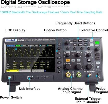 Hantek DSO2D10 100Mhz 2CH Signal Generation Oscilloscope With Signal Source UK Plug - 4