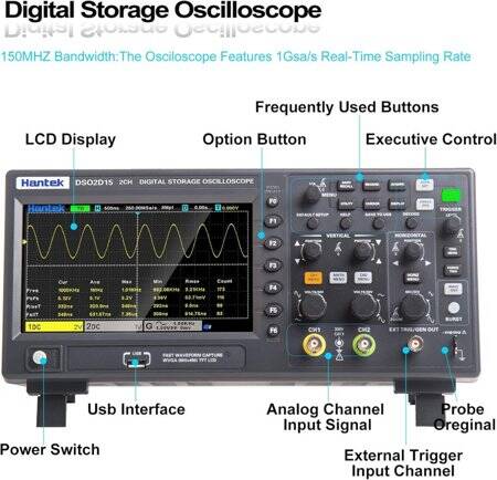 Hantek DSO2D15 150Mhz 2CH Signal Generation Oscilloscope With Signal Source EU Plug - 5