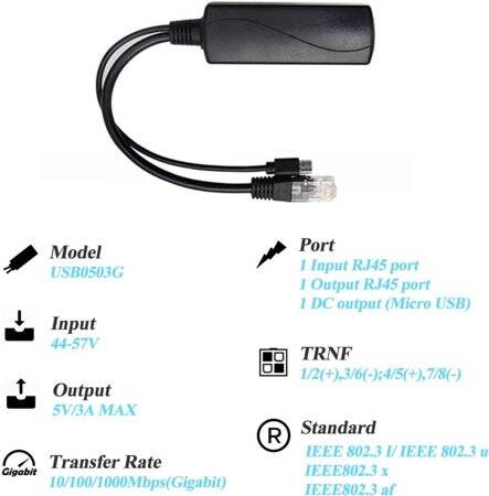 Mirco USB 100M PoE Splitter 48V To 5V 3A - 4