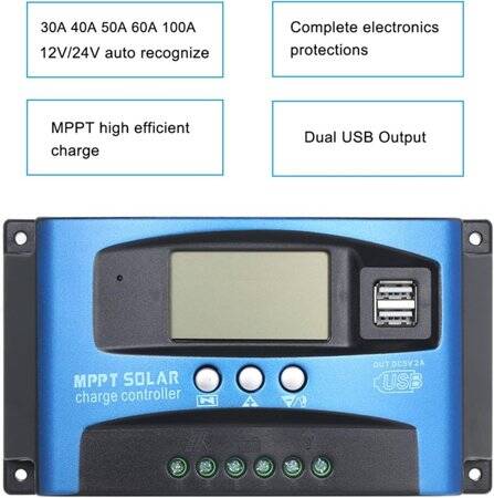 MPPT 100A 12/24V Solar Charge Controller - Dual USB - LCD Display - Automatic Solar Cell Charger - Regulator With Charge - 4