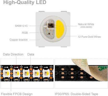 Non-Waterproof 5V SK6812 RGBNW 5050 White Flexible 1M SMD LED Strip 144 LED/Meter IP30 - 4