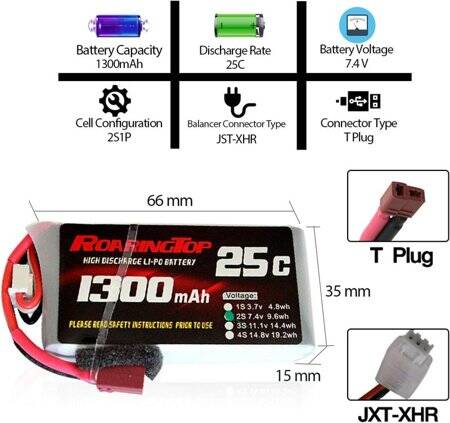 RED 1300MAH 2S 7.4V 25C High Power High Quality Model Airplane LIPO Battery T Female - 2