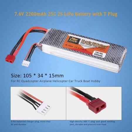 RED 2200MAH 2S 7.4V 25C High Power High Quality Model Airplane LIPO Battery T Female - 4