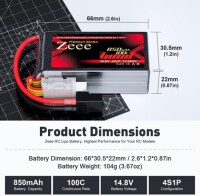 RED 850MAH 4S 14.8V 25C High Power High Quality Model Airplane LIPO Battery JST Female - 2